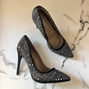 Anne Michelle Black Suede Rhinestone Pumps Size 8